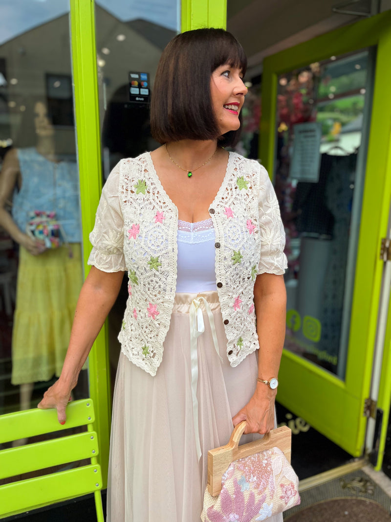 Lizzy Crochet & Embroidery Crop Cardi  - Green, Pink & Oat