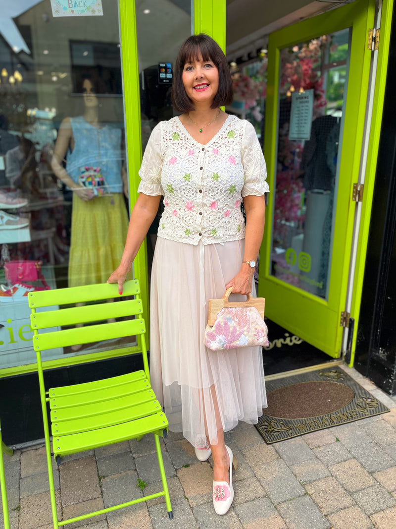 Lizzy Crochet & Embroidery Crop Cardi  - Green, Pink & Oat