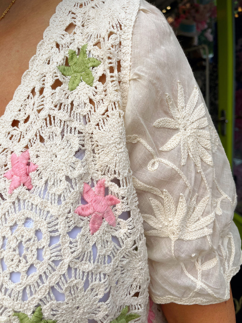 Lizzy Crochet & Embroidery Crop Cardi  - Green, Pink & Oat