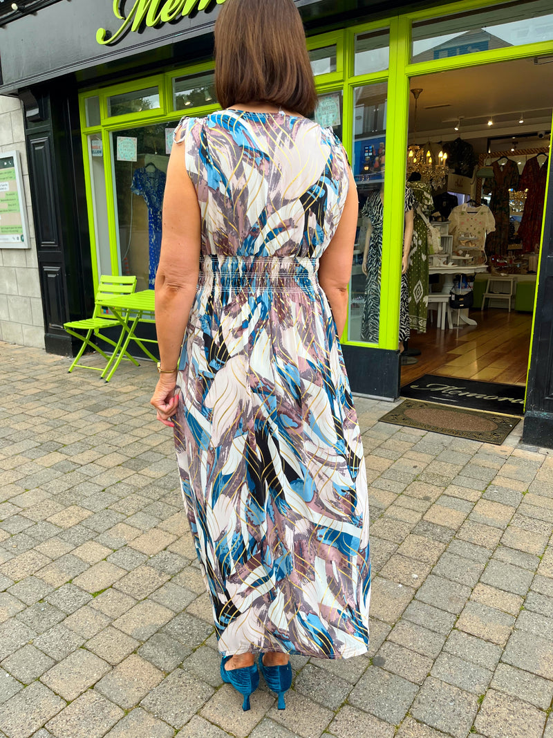 Magic Gold Spiral Printed Maxi Dress - Teal & Mushroom