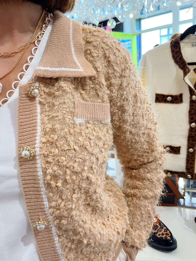 Regan Textured Cardi With Pearl Buttons - Camel