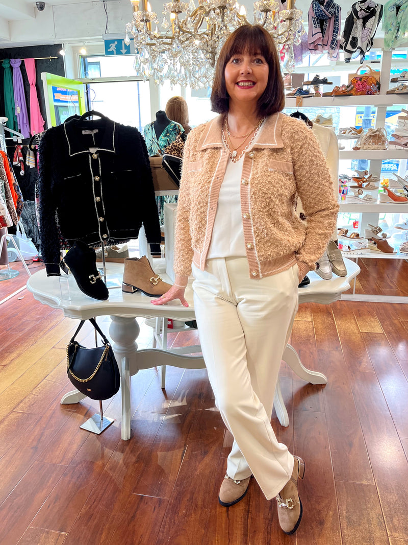 Regan Textured Cardi With Pearl Buttons - Camel