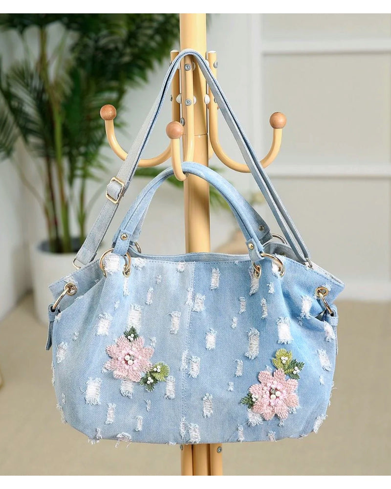 Daphne Denim Pearl Embroidery Bag