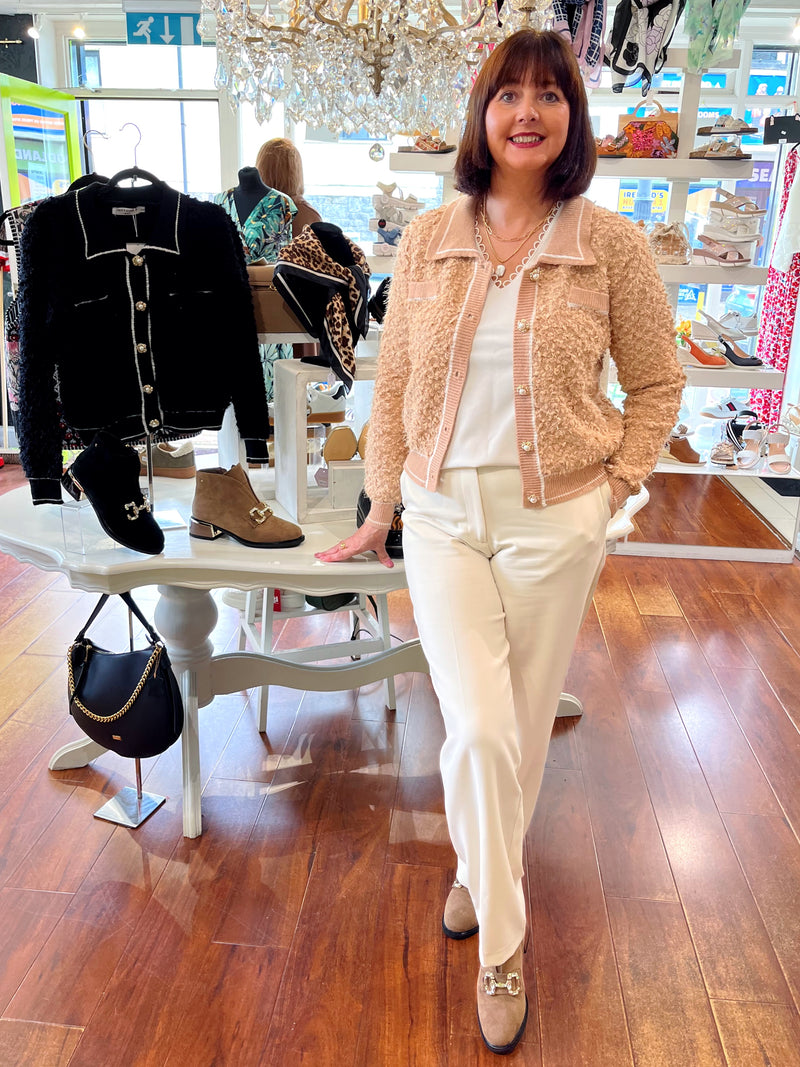 Regan Textured Cardi With Pearl Buttons - Camel