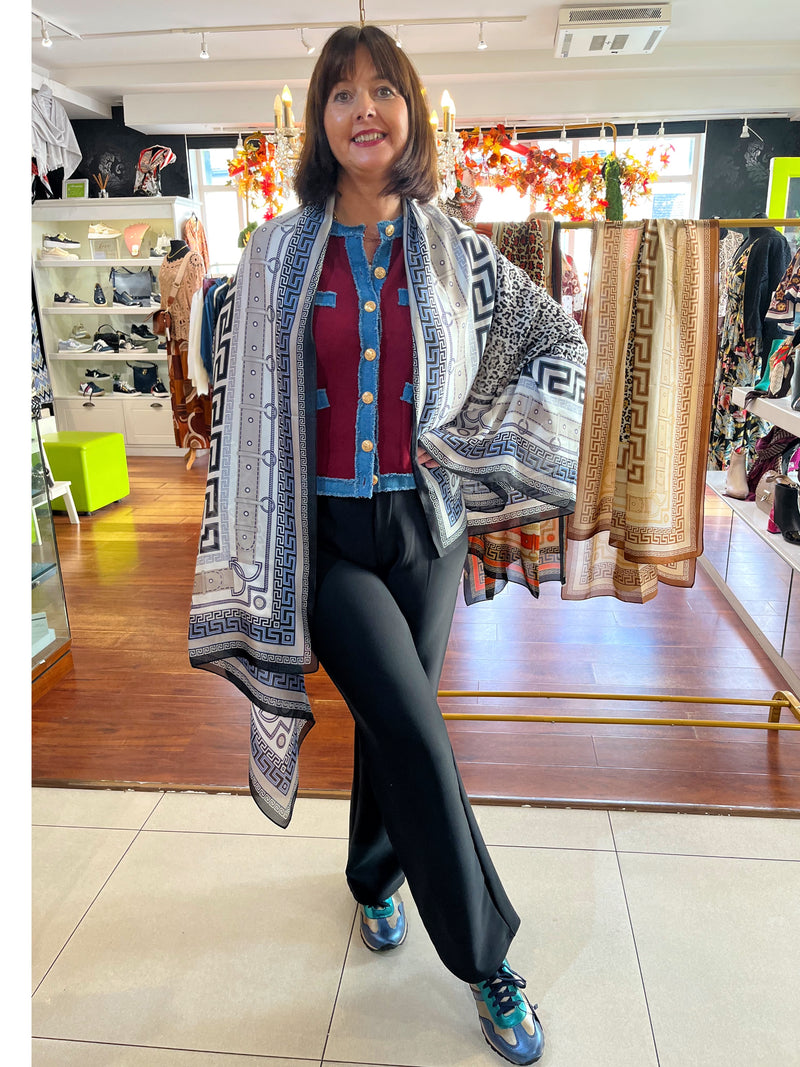 Gwen Silk Blend Scarf - Black, Blue & Grey
