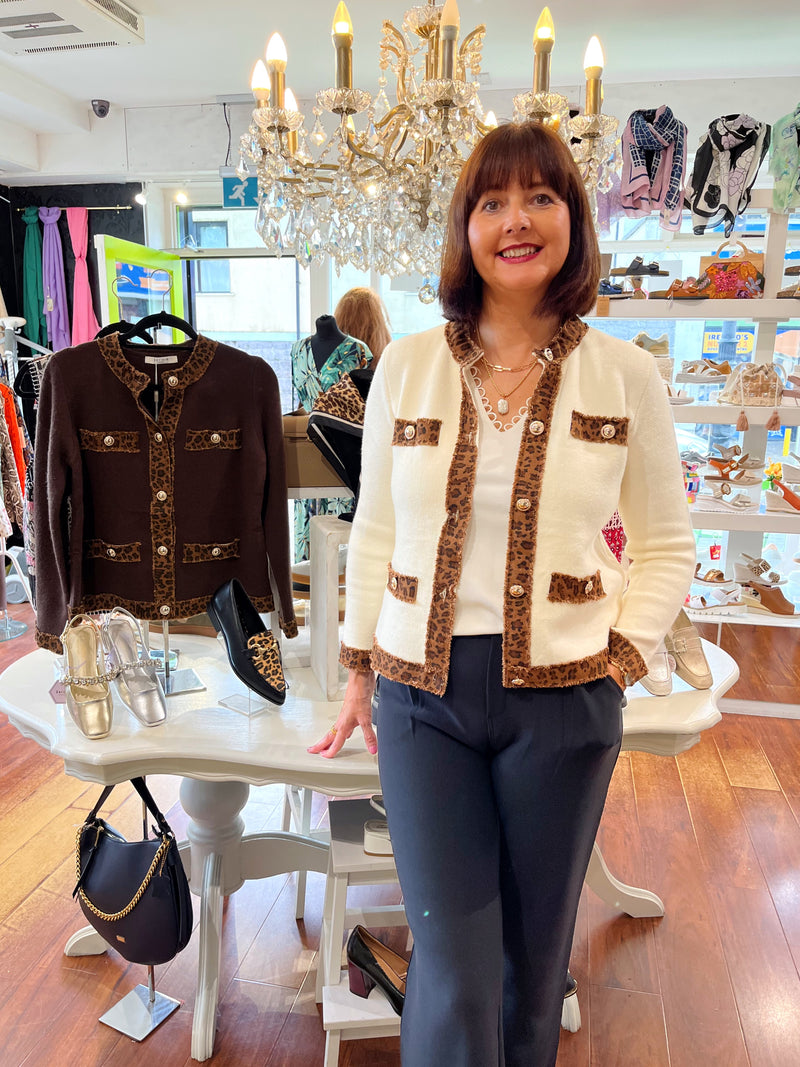 Sharla Leopard Trim Cardi - Cream