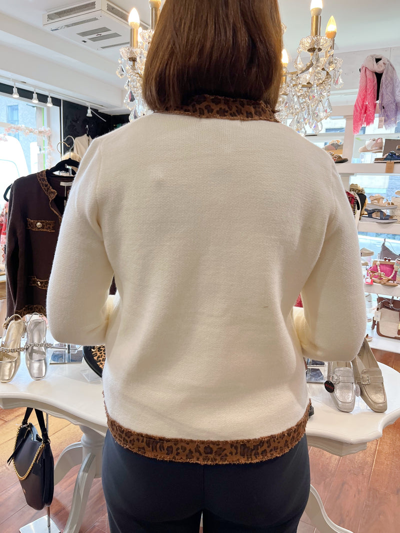 Sharla Leopard Trim Cardi - Cream
