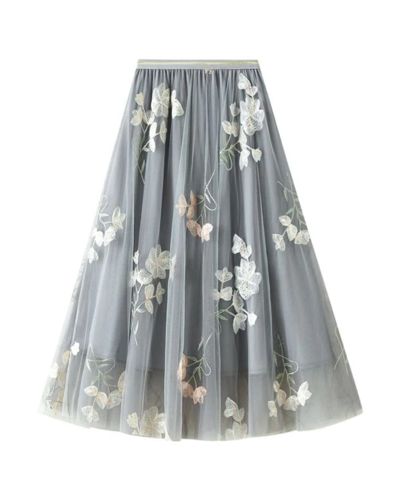 Celia Floral Applique Tulle Skirt - Grey
