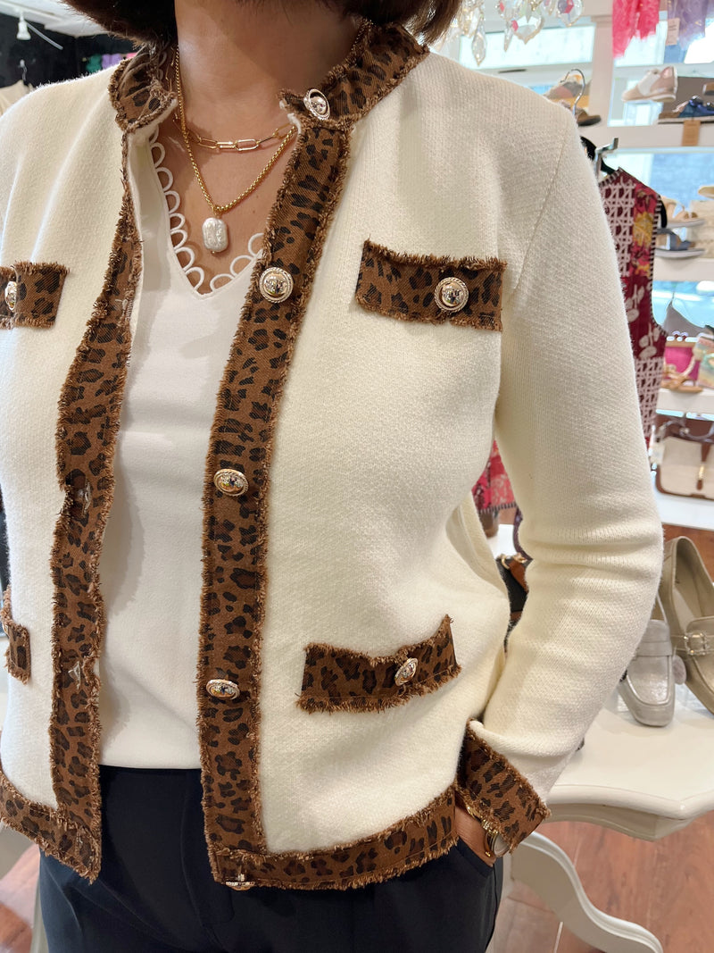 Sharla Leopard Trim Cardi - Cream