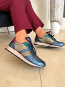 Tommy Bowe Saiki Peacock Metallic Trainer - Pewter, Navy & Maroon