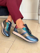 Tommy Bowe Saiki Peacock Metallic Trainer - Pewter, Navy & Maroon