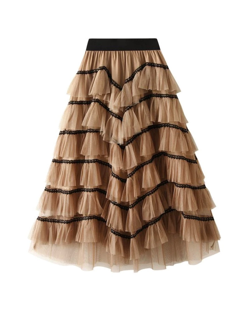 Vanessa Ruffle Tulle & Lace Dot Skirt - Camel