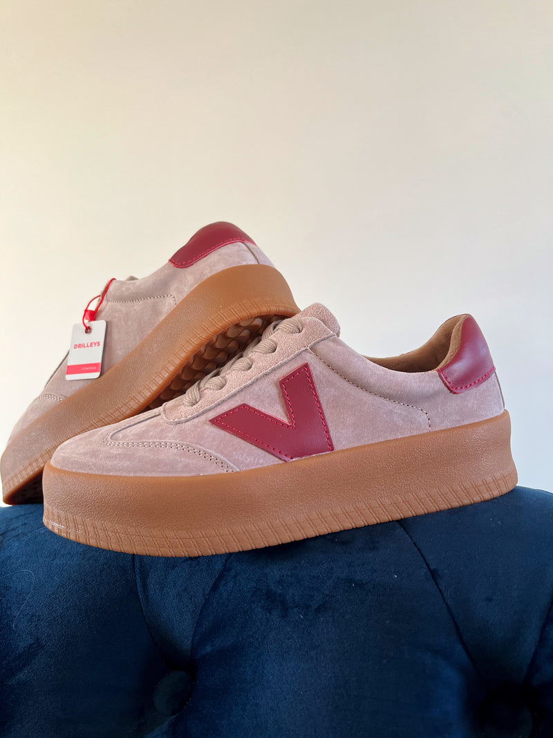 Drilleys "Eighty Four Brick Red" Platform Trainers - Taupe & Maroon