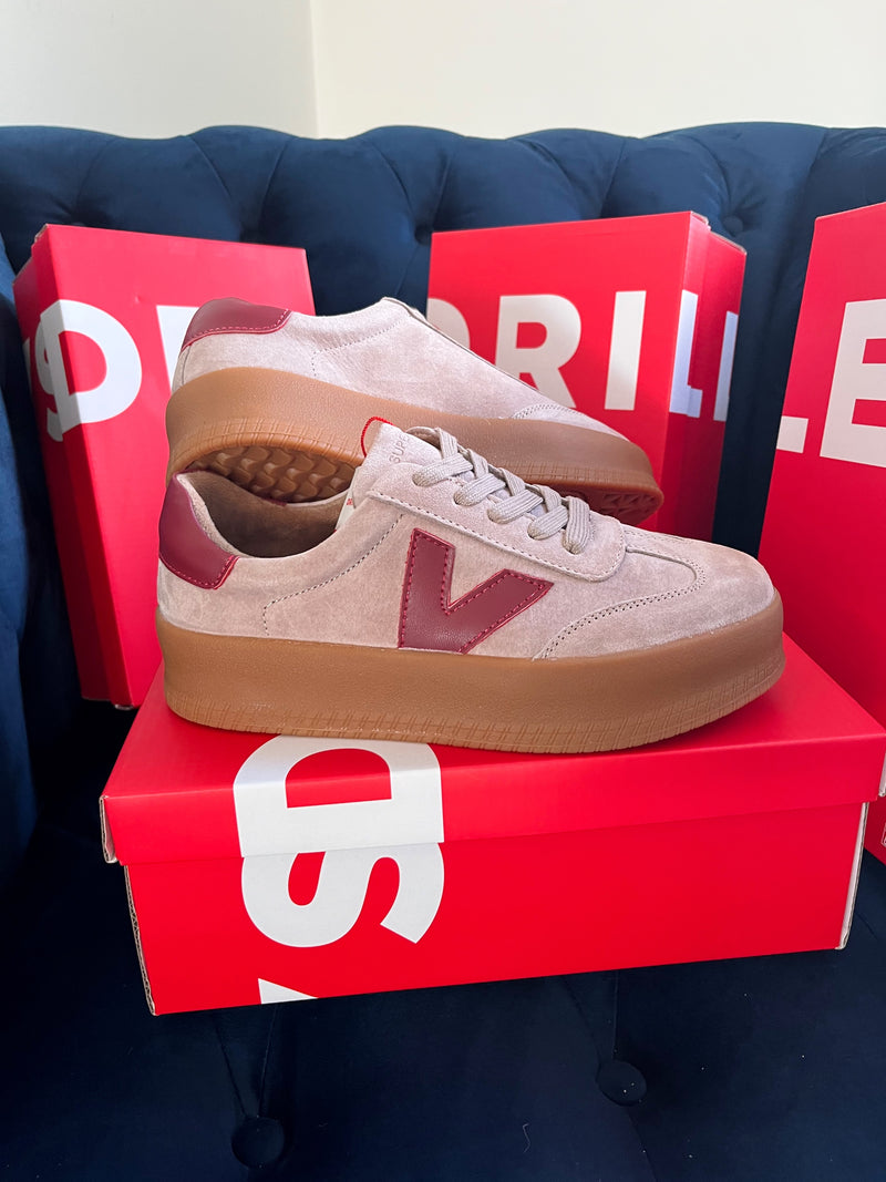 Drilleys "Eighty Four Brick Red" Platform Trainers - Taupe & Maroon