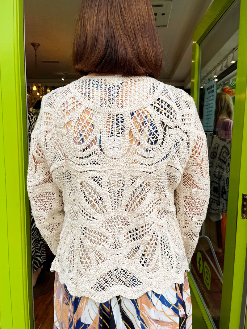 April Crochet Cardi With Tort Buttons & Bell Sleeve