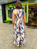 Magic Gold Spiral  Printed Maxi Dress - Navy & Camel