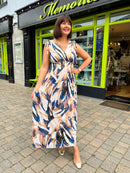 Magic Gold Spiral  Printed Maxi Dress - Navy & Camel