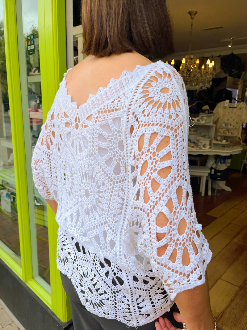 Yael Batwing Crochet Top - White