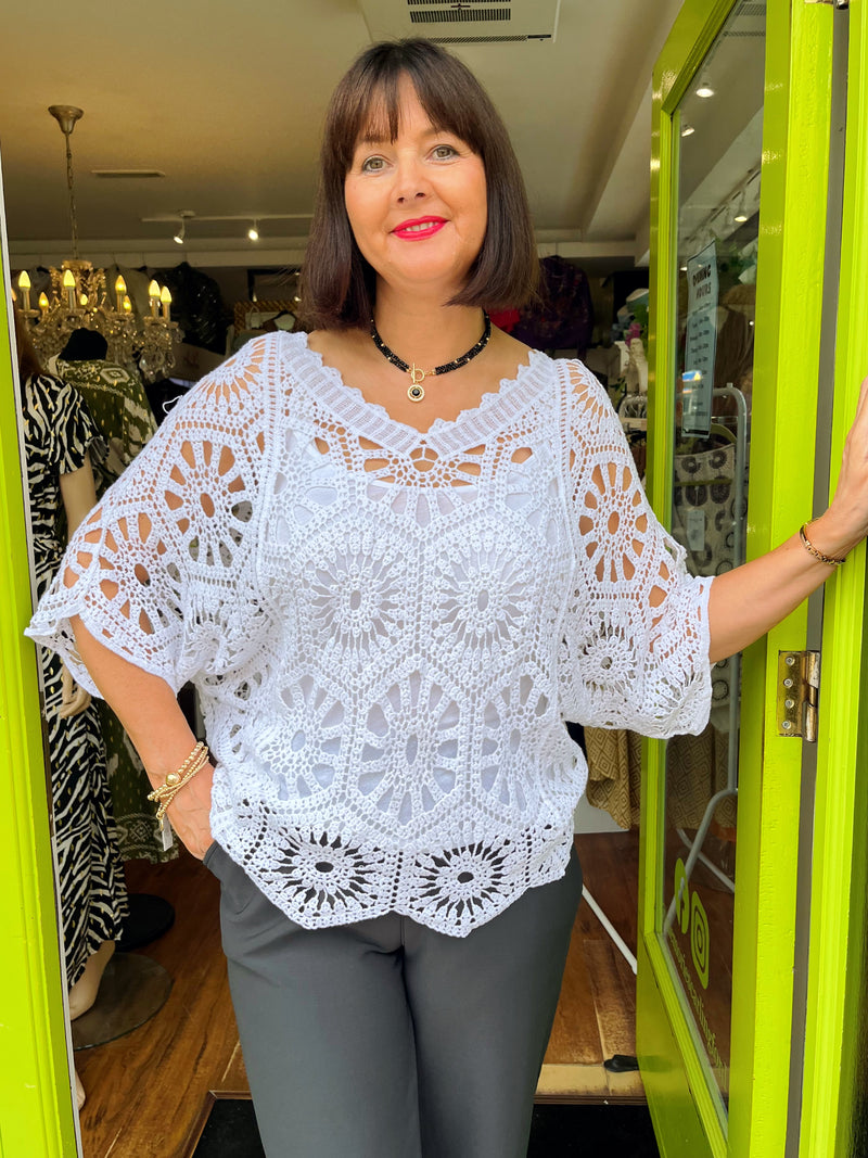 Yael Batwing Crochet Top - White