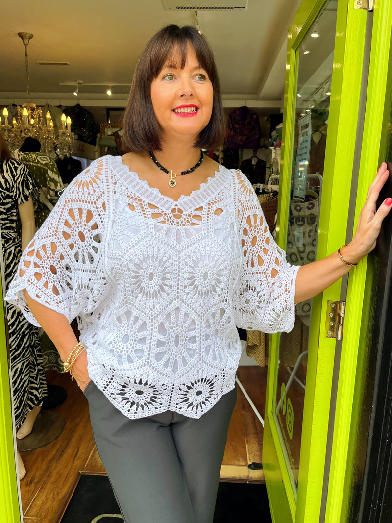 Yael Batwing Crochet Top - White
