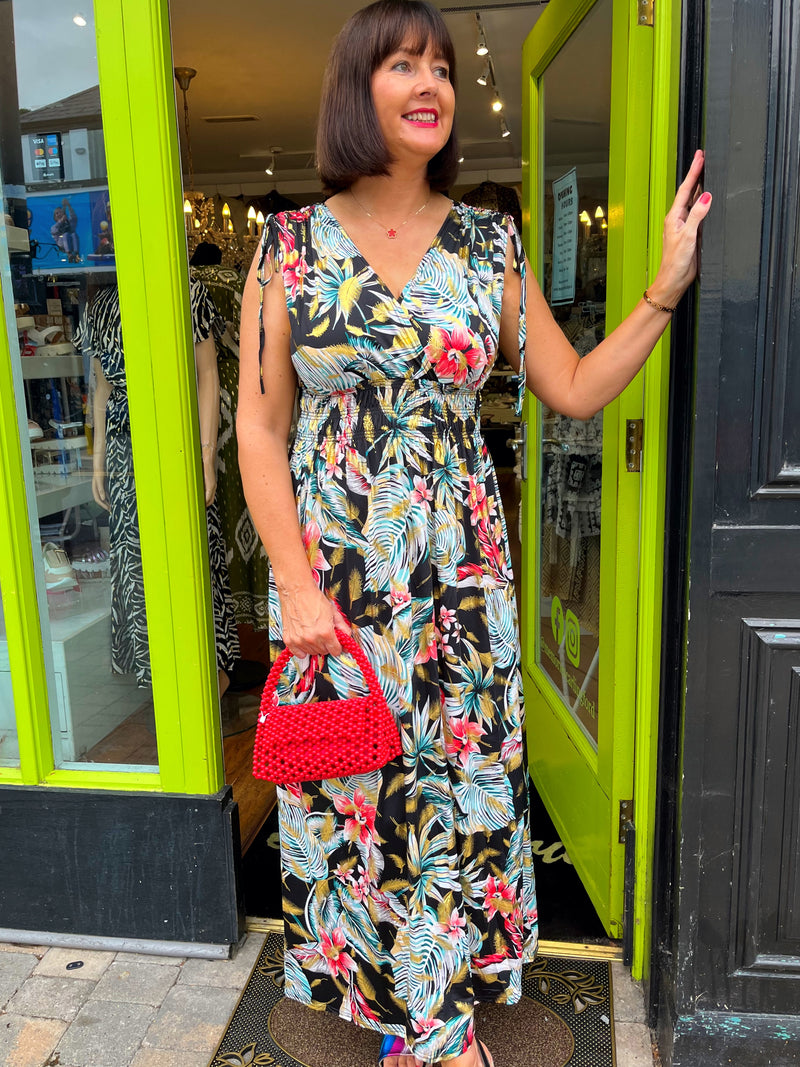 Magic Gold Tropical Print Maxi Dress - Black, Teal & Coral