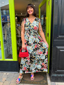 Magic Gold Tropical Print Maxi Dress - Black, Teal & Coral