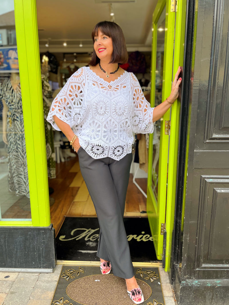 Yael Batwing Crochet Top - White