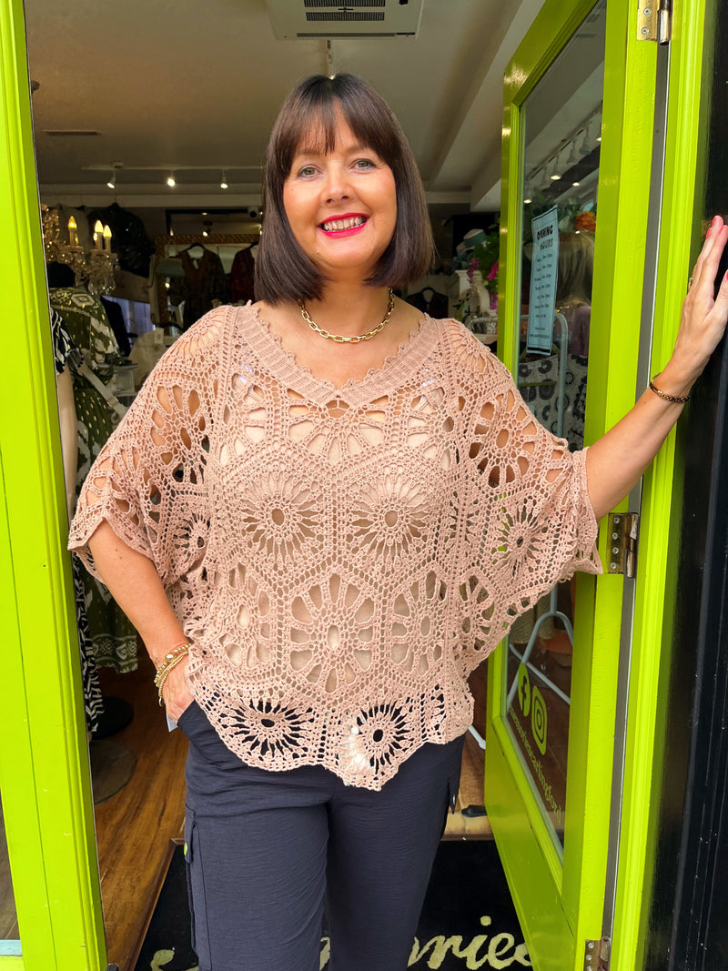 Yael Batwing Crochet Top - Camel