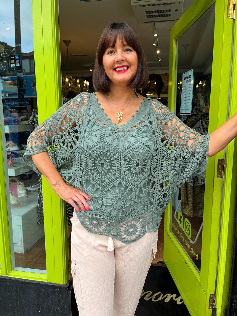 Yael Batwing Crochet Top - Khaki Green