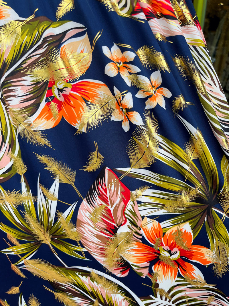 Magic Gold Tropical Print Maxi Dress - Navy, Olive & Burnt Orange