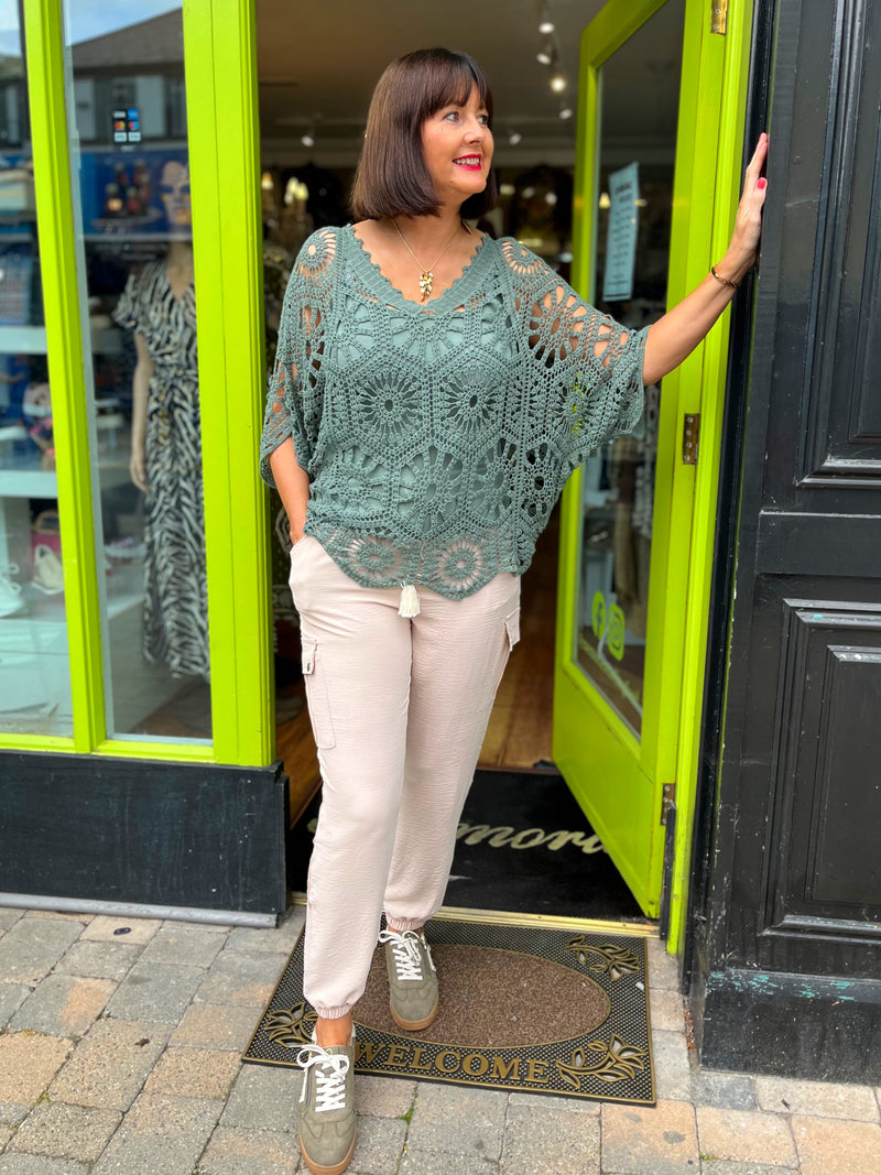 Yael Batwing Crochet Top - Khaki Green