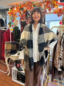 Ember Animal Print Check Shawl - Black & Taupe