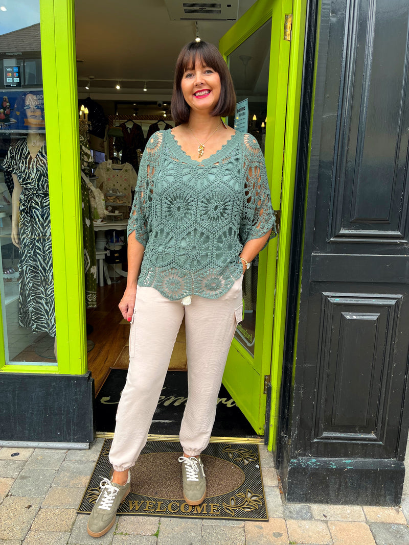 Yael Batwing Crochet Top - Khaki Green