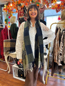 Ember Animal Print Check Shawl - Forest Green