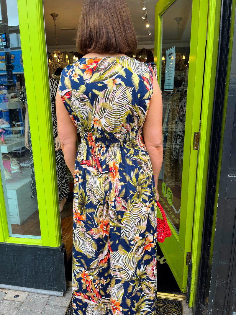 Magic Gold Tropical Print Maxi Dress - Navy, Olive & Burnt Orange