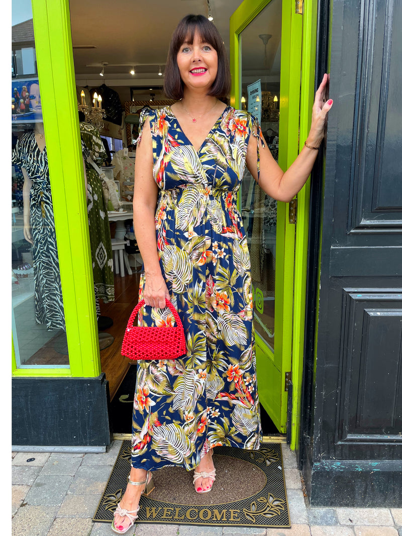 Magic Gold Tropical Print Maxi Dress - Navy, Olive & Burnt Orange