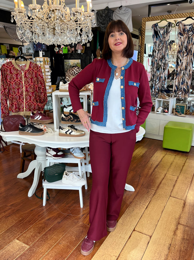 Tori Denim Trim & Gold Button Knit Cardi - Maroon