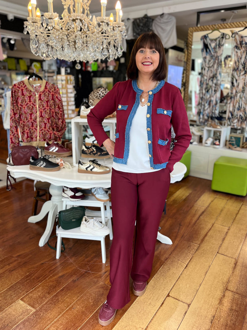 Tori Denim Trim & Gold Button Knit Cardi - Maroon