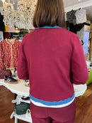 Tori Denim Trim & Gold Button Knit Cardi - Maroon