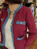 Tori Denim Trim & Gold Button Knit Cardi - Maroon