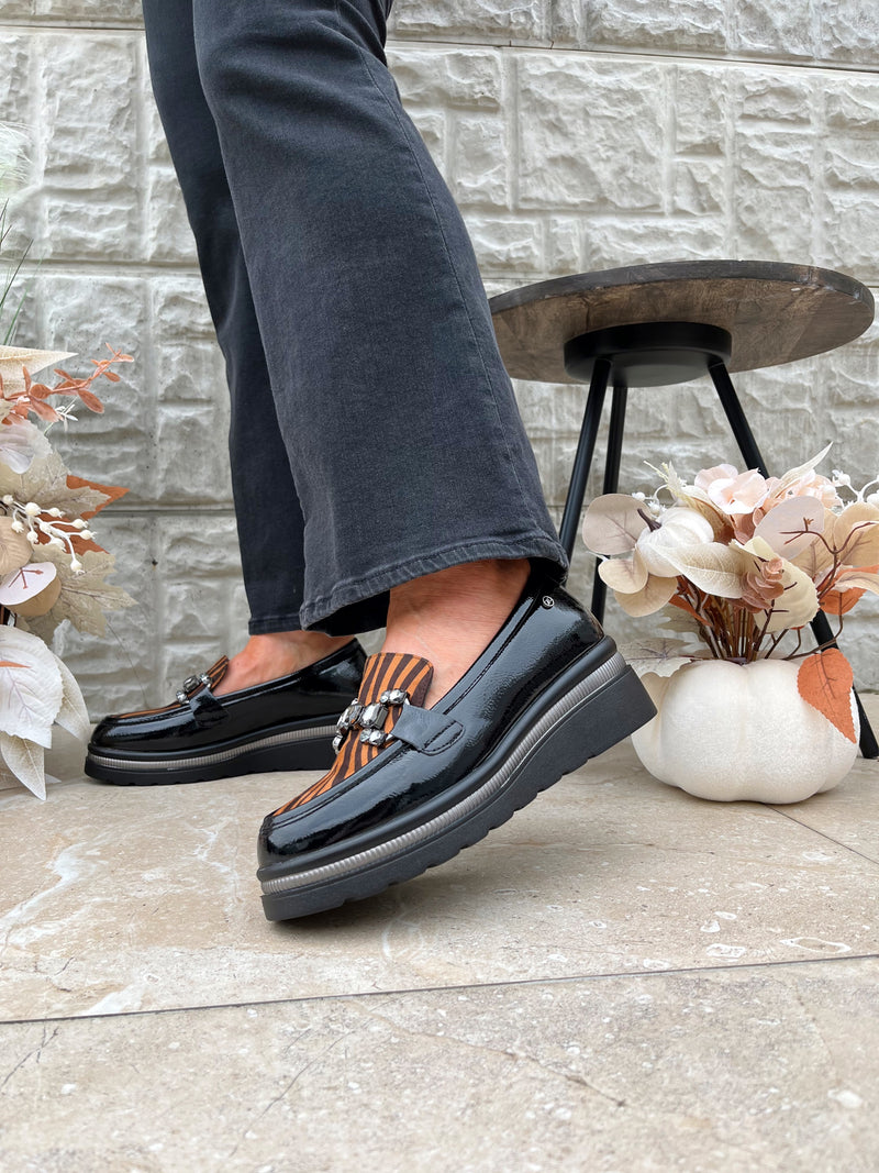 Zanni & Co “Tarsus One” Animal Stripe, Rust & Black Wedge Loafer