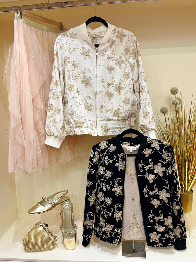 Blake Floral Embroidery Bomber Jacket - Black