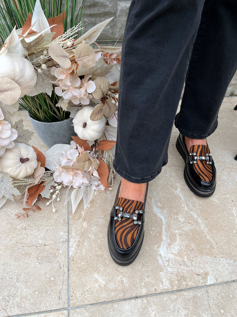 Zanni & Co “Tarsus One” Animal Stripe, Rust & Black Wedge Loafer