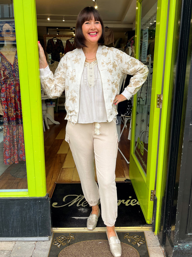 Blake Floral Embroidery Bomber Jacket - Beige
