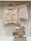Janine Co-Ord Tweed Knitted Jacket & Skirt Set - Pink & Pastel Lemon