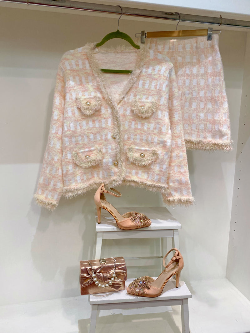 Janine Co-Ord Tweed Knitted Jacket & Skirt Set - Pink & Pastel Lemon