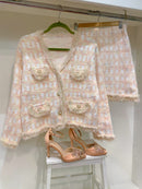 Janine Co-Ord Tweed Knitted Jacket & Skirt Set - Pink & Pastel Lemon