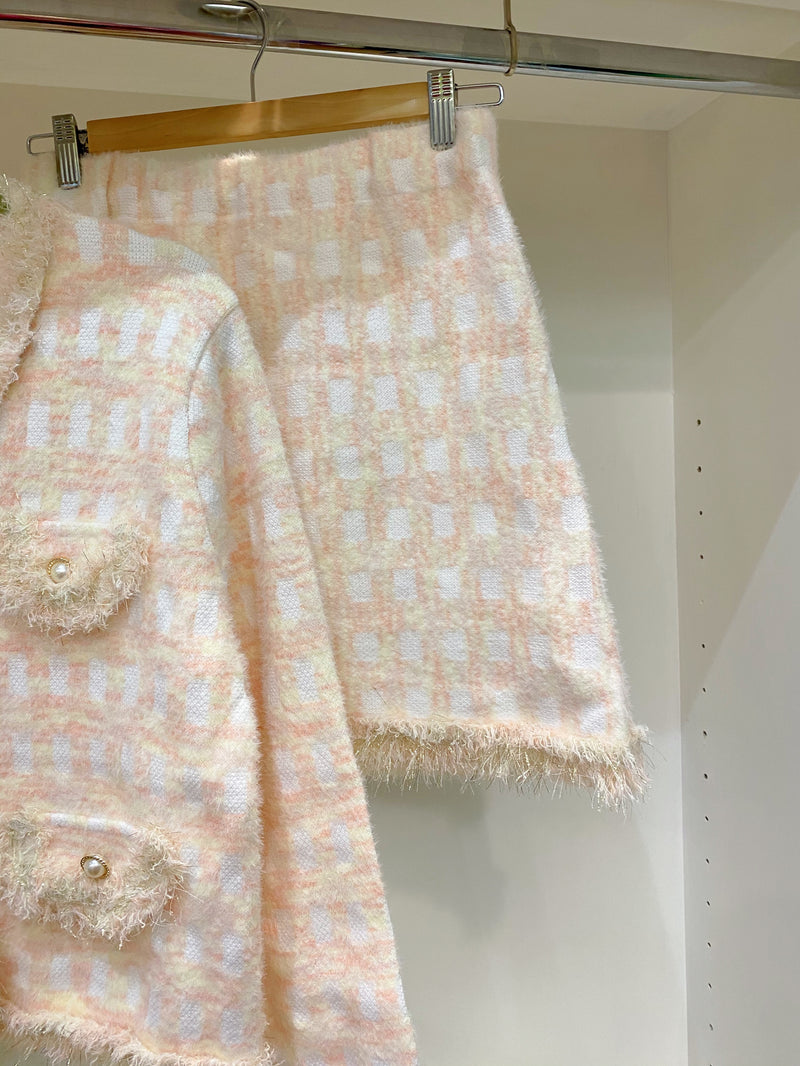 Janine Co-Ord Tweed Knitted Jacket & Skirt Set - Pink & Pastel Lemon