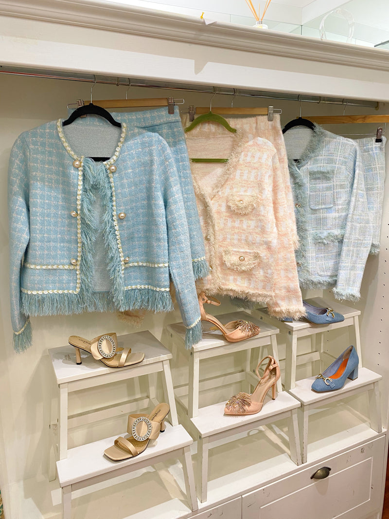 Kaya Fringe Co-Ord Tweed Knitted Jacket & Skirt Set - Pastel Blue