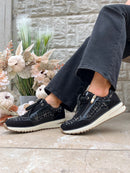 Marco Tozzi Tweed & Patent Trainers Black 2-23786-45